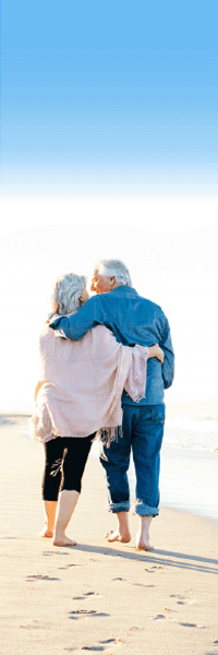 Animated vertical banner with a senior couple walking on the beach, looking like they're in the middle of sharing a funny story